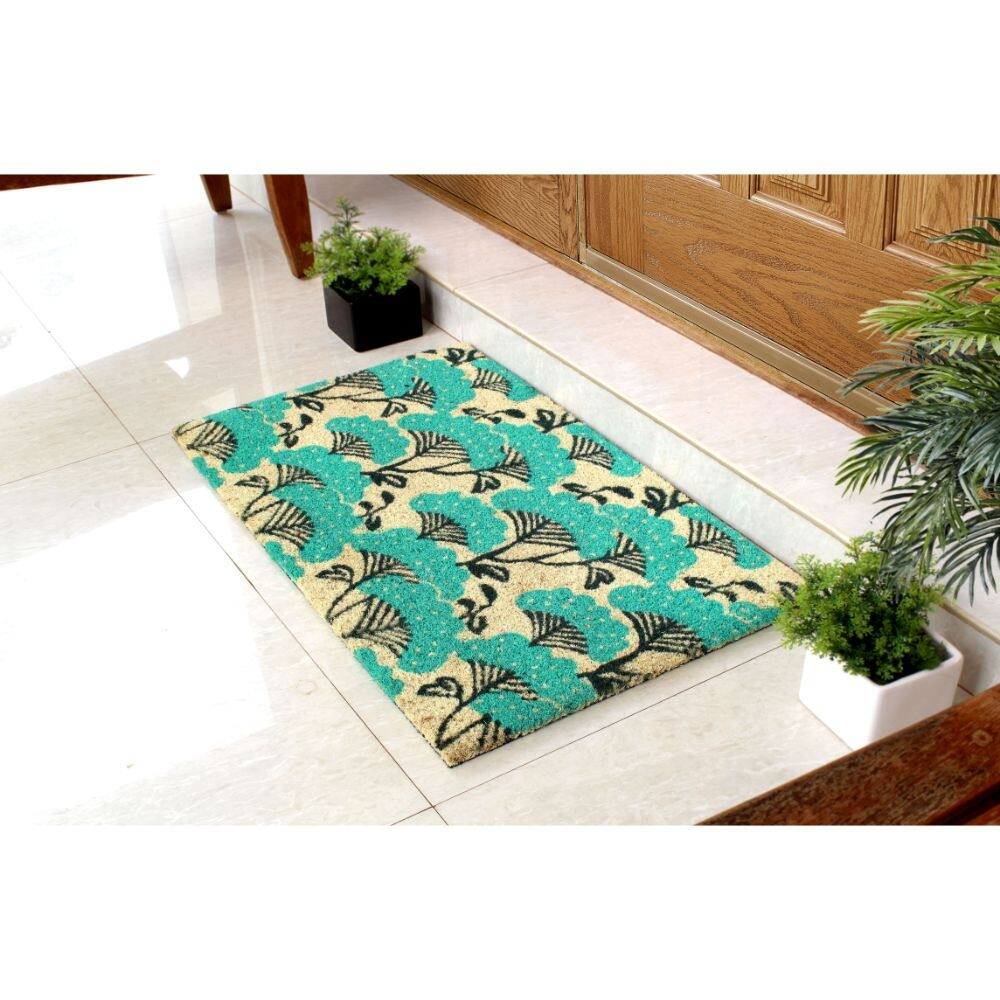 RugSmith Ice Green Machine Tufted Blue Floral Coir Doormat, 18" x 30
